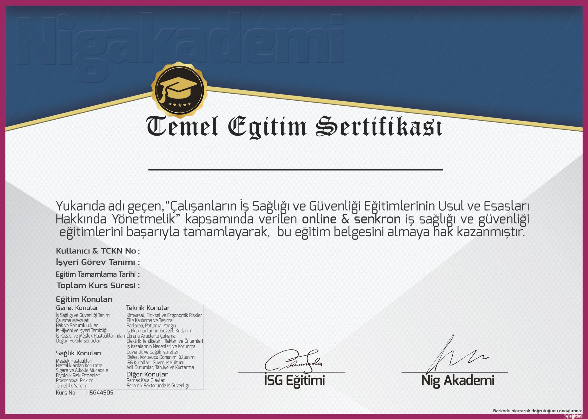 Seramik Sektörü Temel İş Güvenliği Eğitimi 1 Seramik Sektörü Temel İş Güvenliği Eğitimi Sertifikası