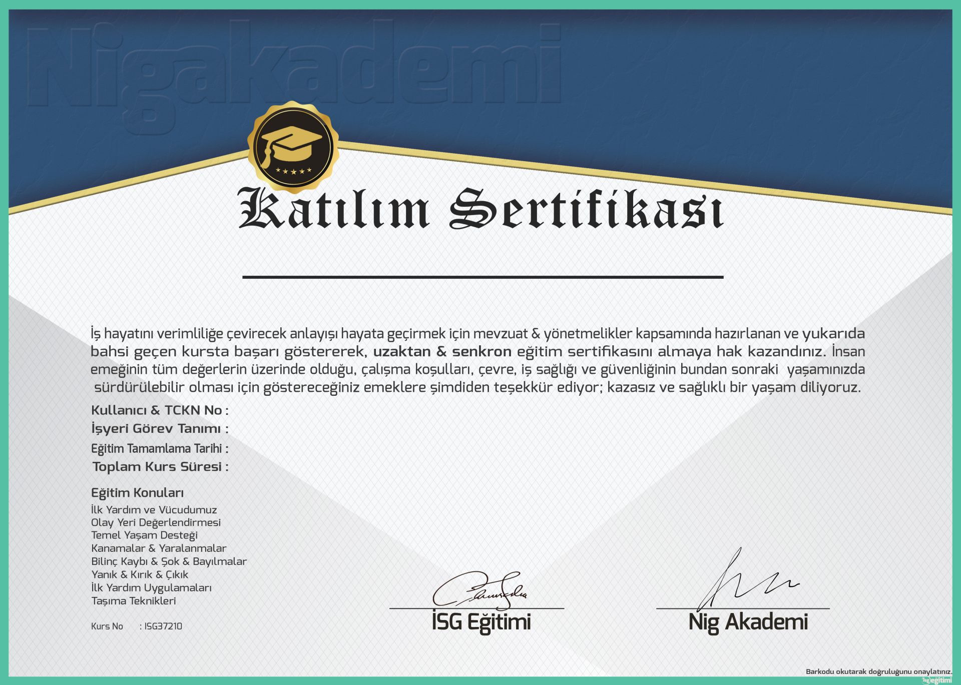 Temel İlk Yardım Eğitim Sertifikası