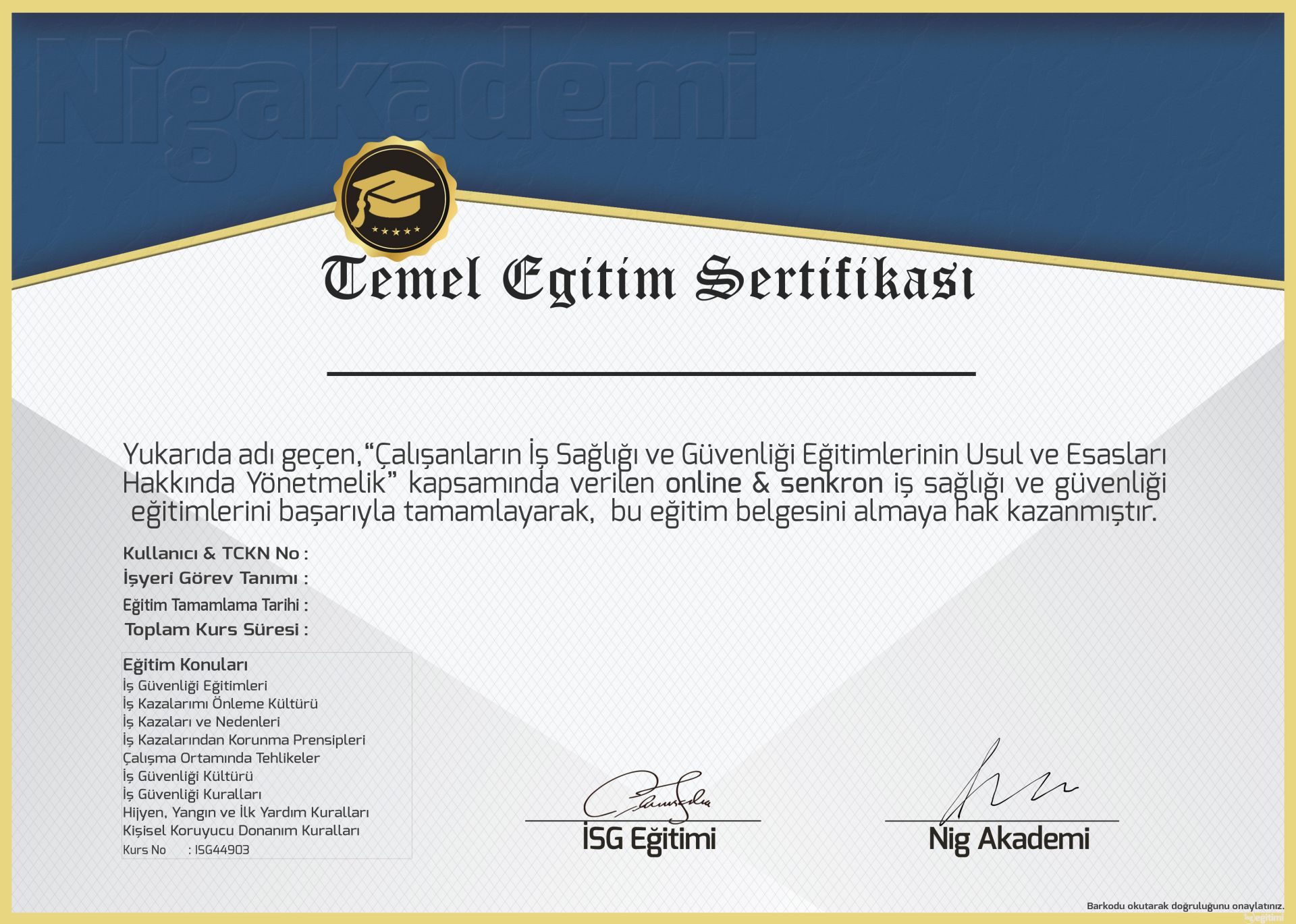 İş Kazası Sonrası İşe Dönüş Eğitimi Sertifikası